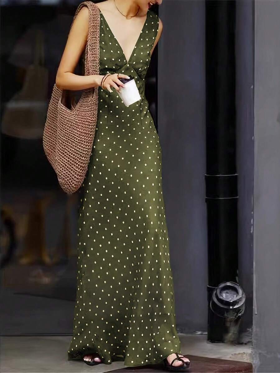 Vestido Largo Satén Lunares Elegante, Cuello V Sin Mangas, Cintura con Lazo Estilo Retro Nueva Llegada - Verde Oliva - Ver 1