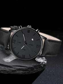 1pc/1set Men's Business Light Luxury Leather Watch And Wallet Set, Men's Quartz Leather Watch, Quilted Pattern Men's Wallet, Leather Keychain, With A Calm And Stylish Black Tone. The Roman Numeral Dial Is Exquisitely Designed For Business Use, And The High-Quality Leather Material Is Fine And Wear-Resistant. - Black - View 5