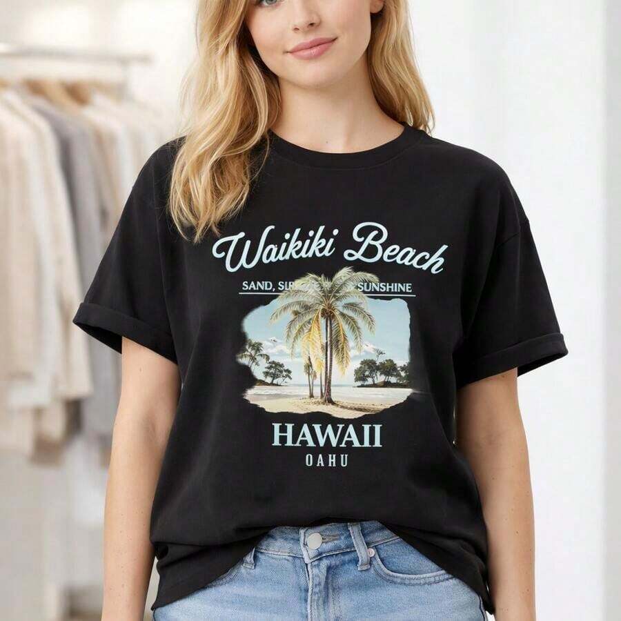 Camiseta de algodón con estampado de playa Waikiki para mujer, talla grande, M-5XL, camiseta casual de manga corta, estilo vintage con gráfico de palmeras hawaianas, corte relajado, ropa de verano para vacaciones en la playa, tela de algodón suave y cómoda, camiseta básica casual de talla grande para mujer, adecuada para primavera, verano y otoño. - Negro - Ver 1