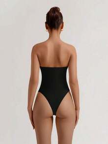 Body de verano para mujer de tela elástica de doble capa en blanco y negro, de estilo minimalista para uso diario y vacaciones, elegante - Negro - Ver 6