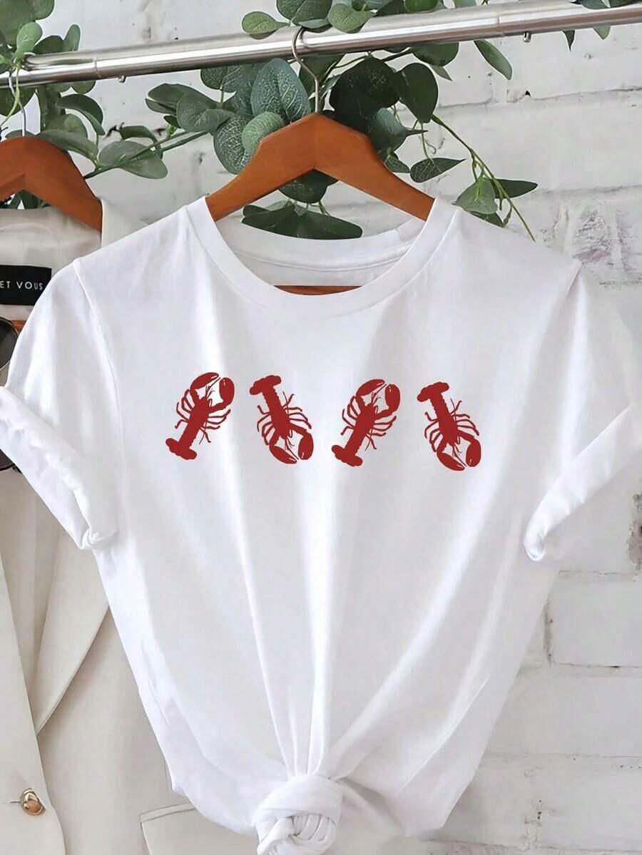 1 camiseta con estampado de langosta, de manga corta y cuello redondo, estilo casual para verano y primavera, camiseta de mujer, 180g, 100% algodón. - Blanco - Ver 1