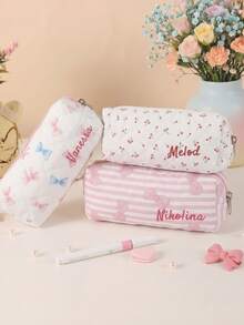 1PC Personalized Name Cute Bow Makeup Bag Aesthetic Custom Cosmetic Pouch For Girls Women Big Capacity Organizer Portable For Travel Daily Use Gift - Pink - View 9