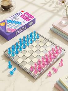 水晶透明磁吸折疊西洋棋組，15cm迷你棋盤，粉色與藍色便攜旅行桌上遊戲 - 彩色 - 查看 3