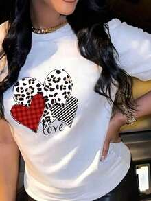 1 Pc Women's Casual Short Sleeve T-Shirt - Heart And Leopard Print, Check And Stripes, Round Neck, Machine Washable Stretch Fabric, Versatile Clothing For All Seasons, Bold Design, Ideal Garment For Style Lovers, 180g 100% Cotton - S - 查看 6