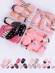 96Pcs/Set Short Oval Press On Nails, Classic Nude, Red, Pink, Green And Gold Color With French Edges, False Nails Featuring Polka Dots, Stripes, And Stars; French Nails With Polka Dots.Suitable For Women And Girls, Party, Daily Wear, Vacations & Other Occasions. Comes With 2pcs Jelly Gel & 2pcs Nail File, Great Gift For Ladies Nails Nail Supplies - Multicolor - View 2