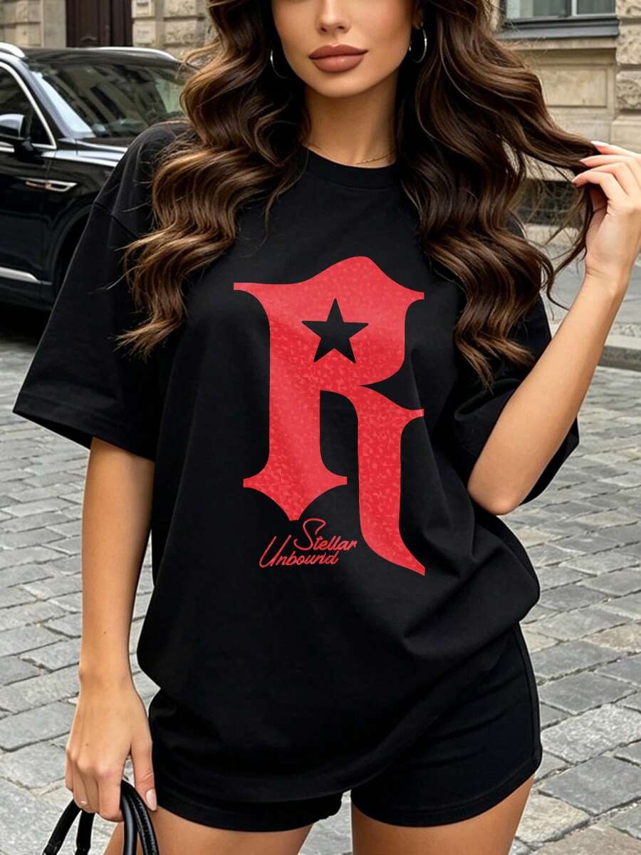 Women's Summer Casual Soft Round Neck Short Sleeve T-Shirt,The Star Letter R Print Graphic Is Suitable For Daily Wear In Spring And Summer.Black - Black - View 1