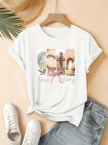 Camisetas de manga corta para mujer, cuello redondo, 100% algodón, camiseta con estampado Christian "True Story", camiseta casual de manga corta con cuello redondo, con gráficos de cruz de Pascua, corona de espinas y tumba, suave, transpirable, de corte holgado para uso diario. - Blanco - Ver 5