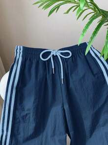 Pantalones de chándal casuales y holgados con cintura elástica y rayas laterales marrones para mujer - Niebla azul - Ver 4