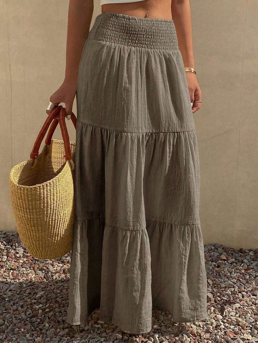 Falda de unicolor para mujer para vacaciones y ocio estilo bohemio - Caqui - Ver 1