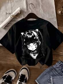 CamisetainformalyCamiseta versátil con estampado de chica anime. Tops divertidosRopa casual infantil con estampados de dibujos animadosTLa camisa es cómoda y tiene un buen ajuste, con un diseño elegante y una confección exquisita, adecuada para actividades de ocio al aire libre, compras y la escuela. Camisetas con diseños gráficos para niños pequeños adecuadas para el uso diario, camisetas para hombre, camisetas temáticas de primavera 2026, camisetas de Pascua para bebés niñas, ropa de verano. - Negro - Ver 1