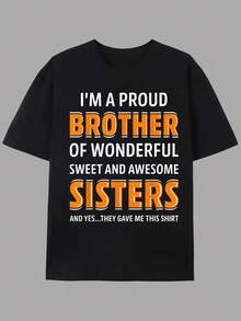 Men's Graphic T-Shirt 'Proud Sister And Brother' - Casual Summer Short Sleeve Crew Neck Outerwear For Spring, Regular Fit, Machine Washable, Bold Blue Letter Design, Breathable And Comfortable Fabric - 黑色 - 查看 1