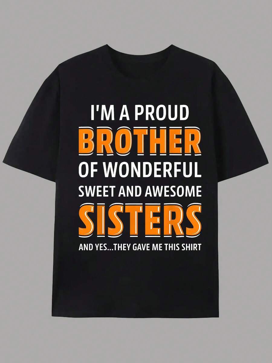 Men's Graphic T-Shirt 'Proud Sister And Brother' - Casual Summer Short Sleeve Crew Neck Outerwear For Spring, Regular Fit, Machine Washable, Bold Blue Letter Design, Breathable And Comfortable Fabric - 黑色 - 查看 1