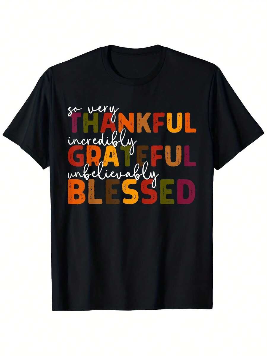 Christian Faith T-Shirt For Men And Women - Bible Verse Of Gratitude, Blessing And Cross Print, 100% Stretch - Slim Fit Short Sleeve Church Shirt, Unisex Couple T-Shirts For Casual Wear In All Seasons (Slightly - 黑色 - 查看 1