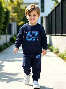 Young Boys Letter Print Crew Neck Long Sleeve Warm Sweatshirt And Pants Set - Royal Blue - View 1