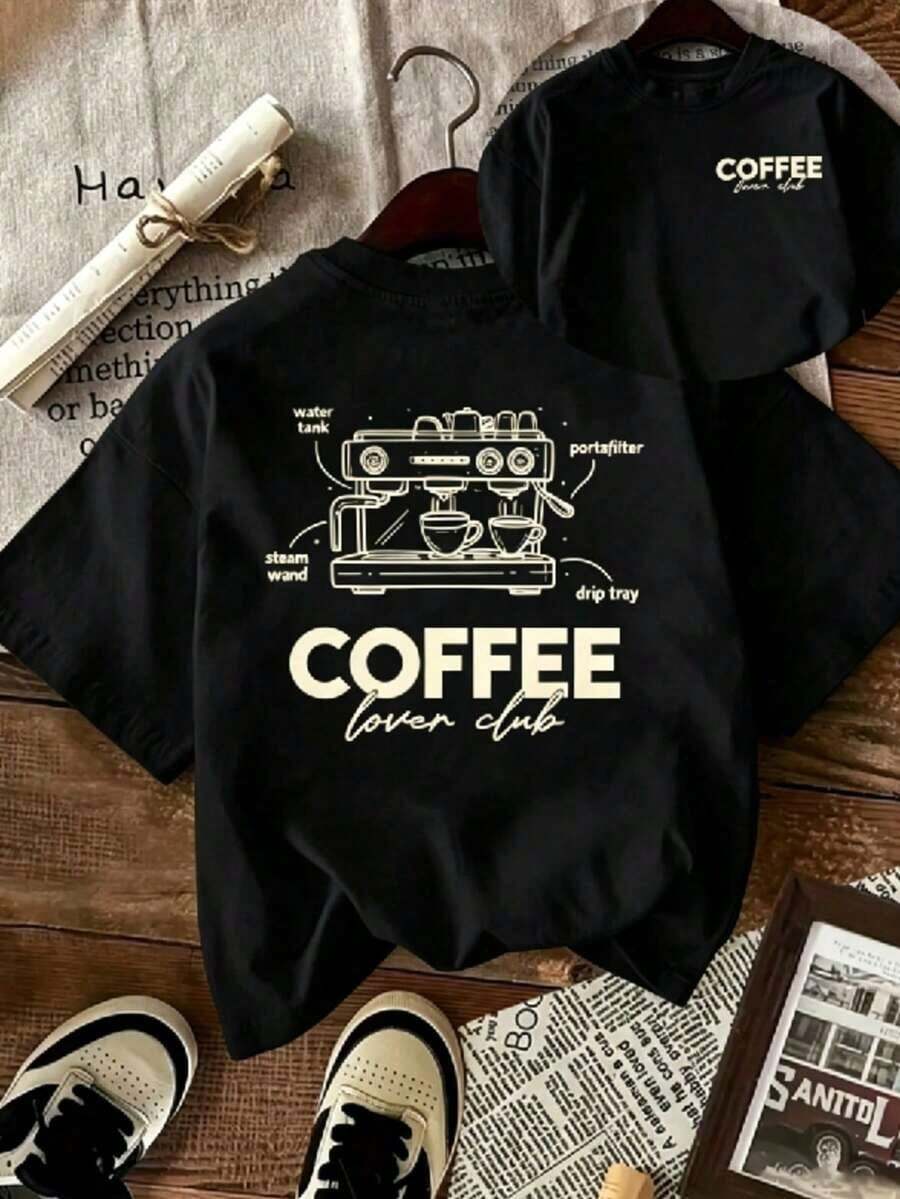 | 1 Playera para Mujer 100% Algodón Transpirable | Camiseta gráfica para amantes del café para mujeres - Diseño de máquina de espresso lindo con texto del club de amantes del café - Camiseta suave para uso diario para entusiastas del café - Top blanco de cuello redondo para atuendos casuales y visitas a cafeterías, accesorios de barra de café, ajuste cómodo, ropa de descanso, estampado divertido, material transpirable, camiseta de manga corta, mujeres - Ideal para el veranoCamiseta Algodón - Negro - Ver 1