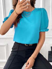 Blusa con mangas abullonadas, blusas de manga corta - Azul - Ver 1