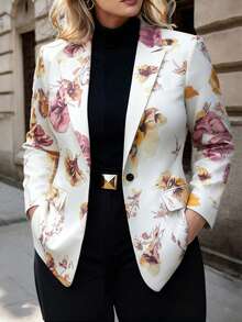 HOMEYEE Floral Print Long Sleeve Blazer Jacket With Pockets, Vintage Elegant Casual Suitable For All Seasons, Plus Size Vacation - 白色 - 查看 7