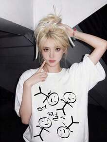 2026 Spring/Summer New Off Shoulder Elegant And Stylish Women's Casual Wear, Women's Short Sleeve T-Shirt Korean Style Minimalist Stick Figure "Please Wait A Moment~" Creative Short Sleeve T-Shirt Korean Style Strange And Cute Style, Comfortable And Skin Friendly - High Quality - 白色 - 查看 6