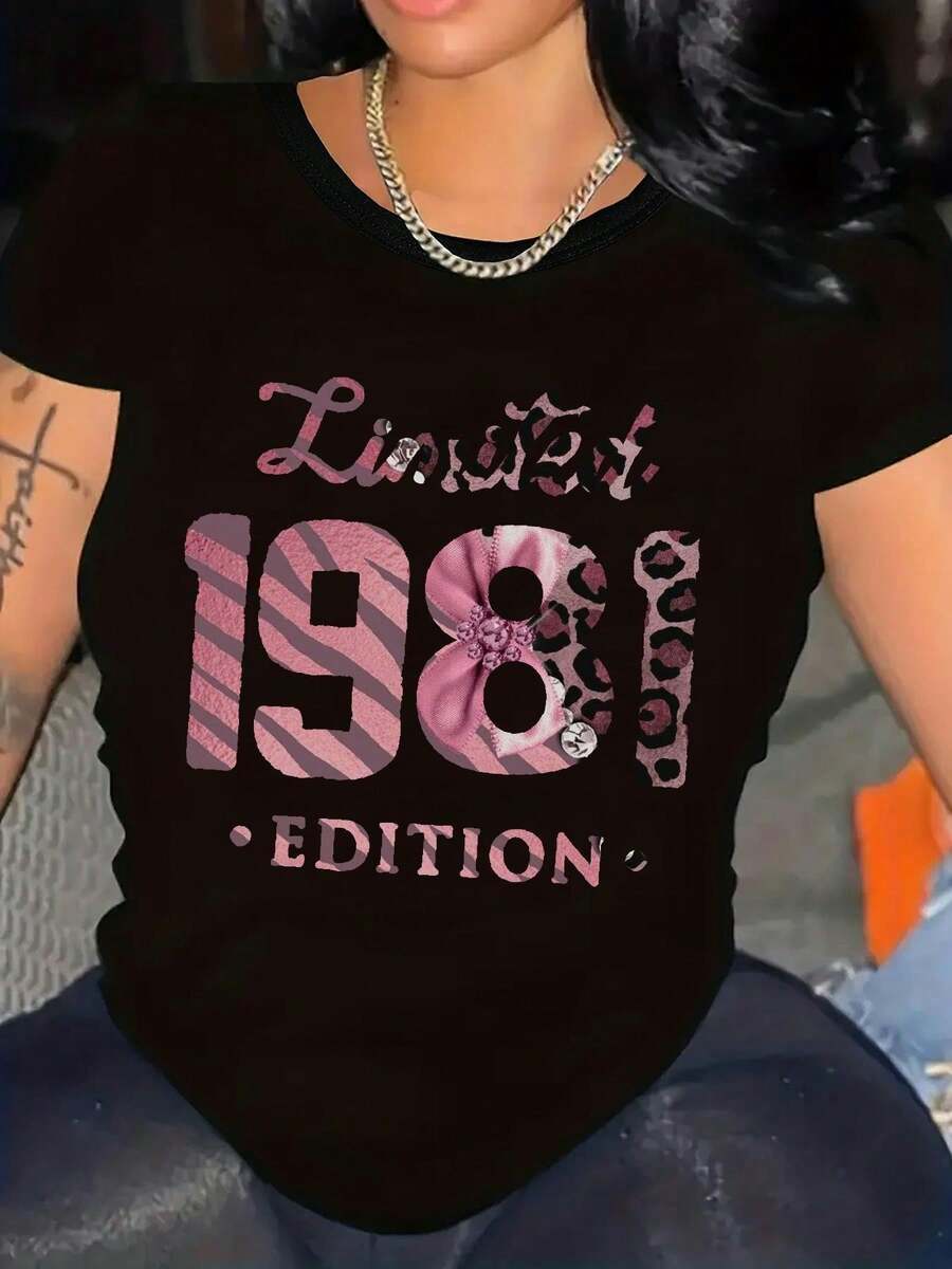 Women's Plus Size Limited Edition 100% Cotton T-Shirt With 1981 Vintage Design - Vintage '81 Style In Pink And Black, Short Sleeve Top With Soft Crew Neck, Machine Washable, Versatile Casual Wear For All Seasons, Stylish Printed Design, Stretch Fabric, A Must-Have For Fashion Enthusiasts - Everyday T-Shirts - 黑色 - 查看 1