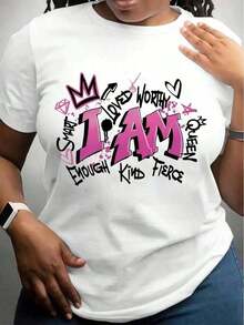 Women's Plus Size T-Shirt With Inspirational Graphic Print - Short Sleeve, Crew Neck, Casual Style With Self-Affirmation Quotes, Stars And Hearts - Lightweight Summer And Spring T-Shirt In White With Pink And Black Details - 白色 - 查看 7