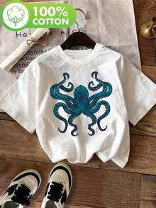 T-Shirt With A Fierce Octopus Print, Short Sleeves And Round Neck, Perfect For Casual Wear In Spring And Summer, Designed For Women. - Putih - View 1