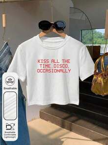 Women's  Graphic Print Short-Sleeve T-Shirt, Y2K Style, Featuring A "Kiss All The Time Disco Occasionally" Print, Crew Neck, Short Sleeves, Casual Summer Style,  Album Tour Concert T-Shirt. Simple Everyday T-Shirt - 白色 - 查看 3