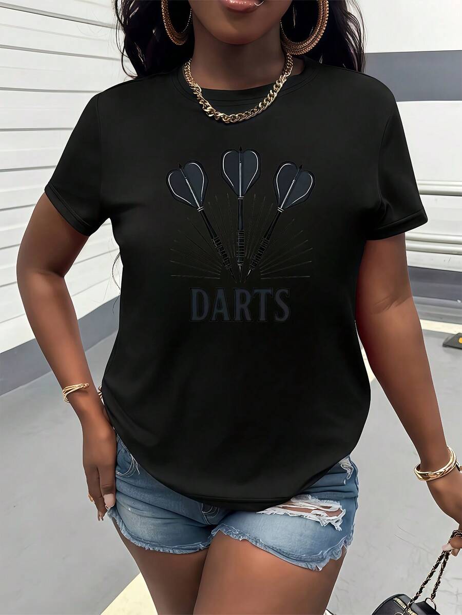 Women's T-Shirt Made Of Pure Cotton, Casual Loose Style, With Dart Print, Short Sleeves And Round Neck, Fashionable Women's Clothing, Retro, Unique And Modern, Urban Casual, For Daily Wear, For Parties, Casual Sports, Birthday Gift. - 黑色 - 查看 1