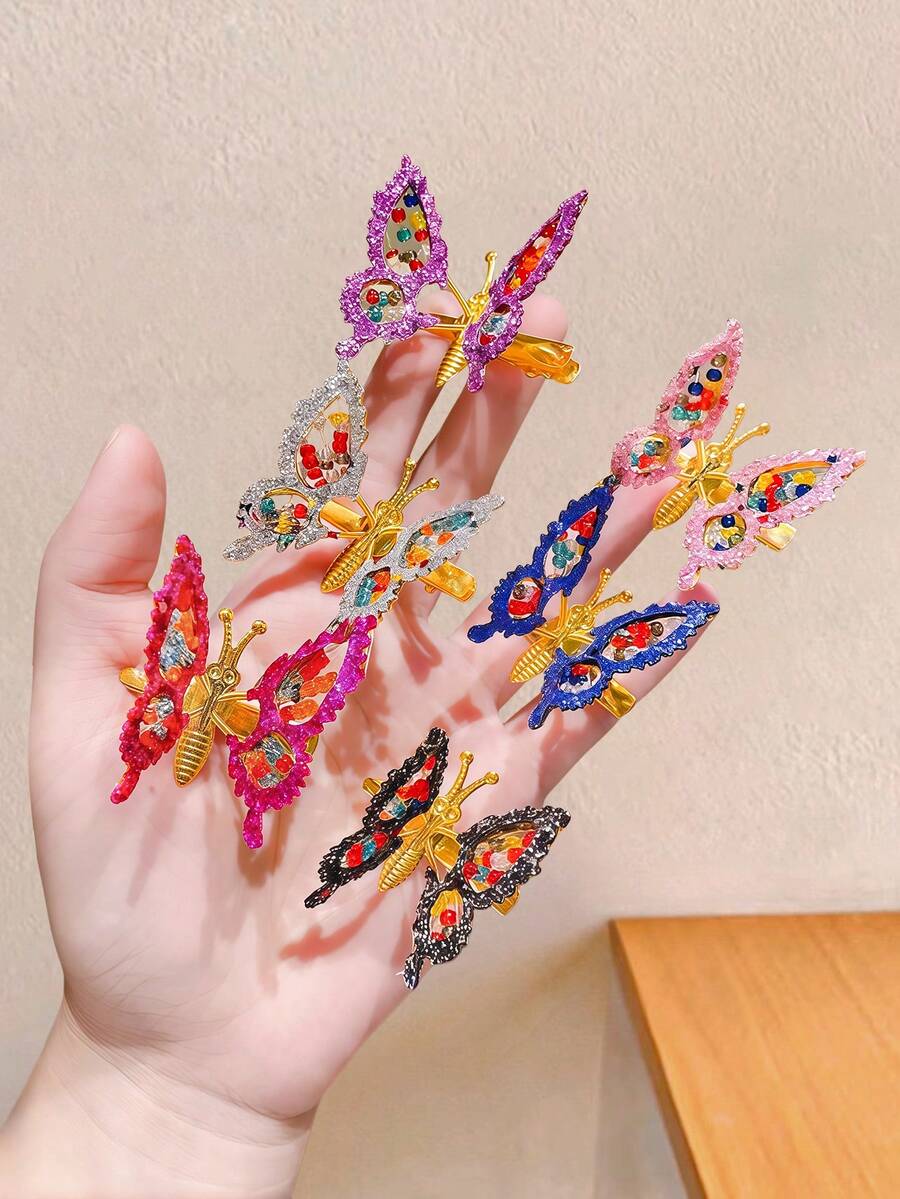 6个/套彩色闪光蝴蝶发夹,镂空3D蝴蝶侧夹,多种颜色可选 - 适合女孩和女士,3D精致蝴蝶设计,缀满闪亮亮片,每一对都像一只栩栩如生的蝴蝶仙子,可搭配不同服装和场合,适合约会、派对、校园生活、度假等,日常通勤也适用,颜色随机发货 - 彩色 - 查看 1