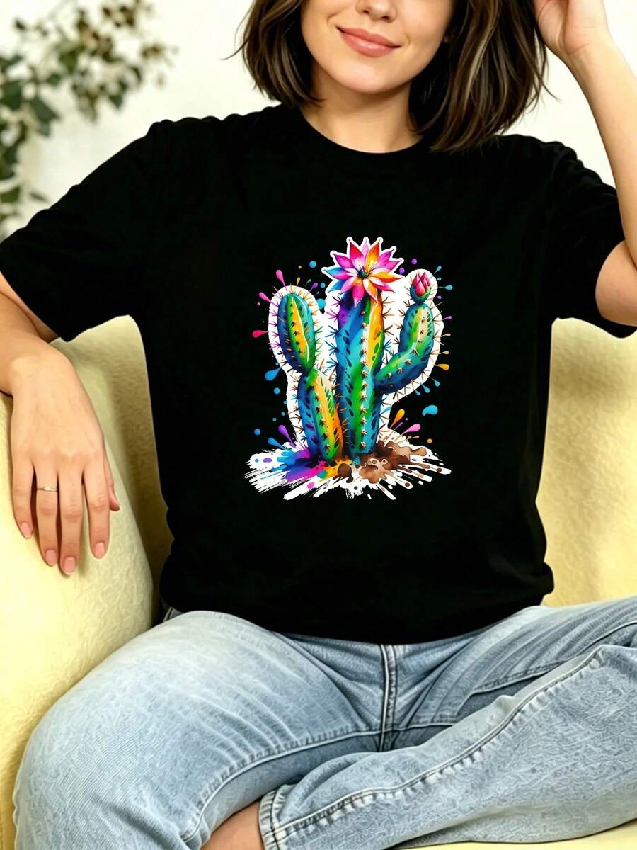 Camiseta de Mujer: Camiseta negra de manga corta para damas a la moda, estilo casual de verano con estampado de cactus y flores del desierto, camiseta con patrón vibrante de suculentas, estilo bohemio artístico inspirado en la cultura tropical mexicana, corte clásico para viajes al aire libre y fiestas, blusas suaves para mujer. - Negro - Ver 1