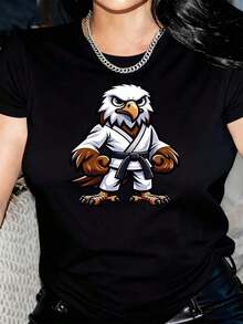 New Arrivals For Summer. Women's Martial Arts T-Shirt With Eagle Print - Breathable, Crew Neck, Short Sleeves, With A Dynamic Karate Eagle Print, Comfortable For All Seasons, Ideal For Casual Wear And Training, Women's Casual Activewear (Machine Washable). Blouse, Shirt > Beautiful. - 黑色 - 查看 1