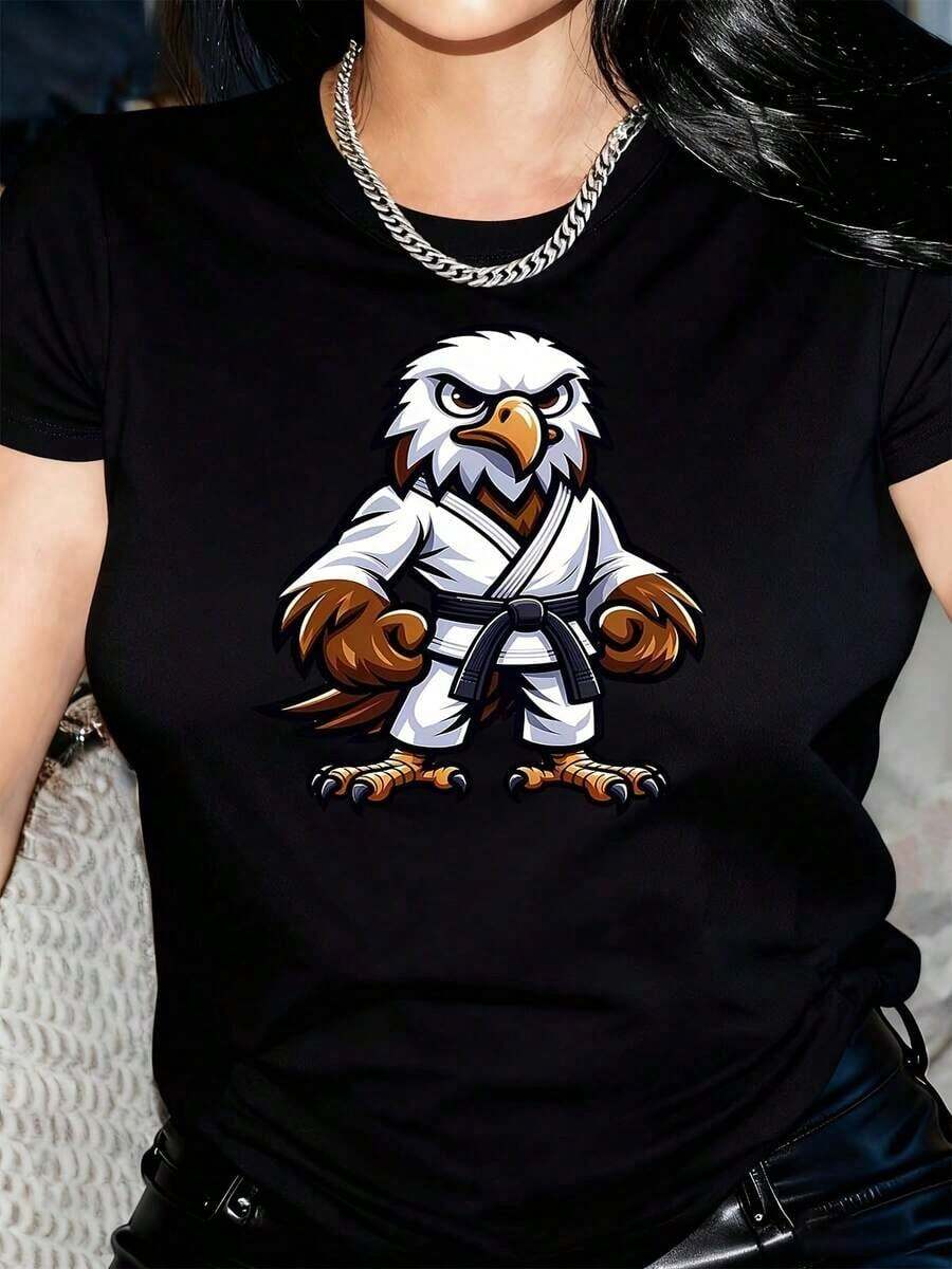 New Arrivals For Summer. Women's Martial Arts T-Shirt With Eagle Print - Breathable, Crew Neck, Short Sleeves, With A Dynamic Karate Eagle Print, Comfortable For All Seasons, Ideal For Casual Wear And Training, Women's Casual Activewear (Machine Washable). Blouse, Shirt > Beautiful. - 黑色 - 查看 1