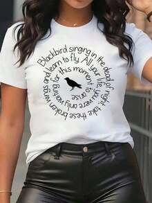 Nuevas llegadas para el verano. Camiseta de mujer con estampado de la frase "Blackbird Singing In The Dead Of Night", cuello redondo, uso diario casual, suave y cómoda, blusa para festivales, camisa > Hermosa. - Blanco - Ver 12