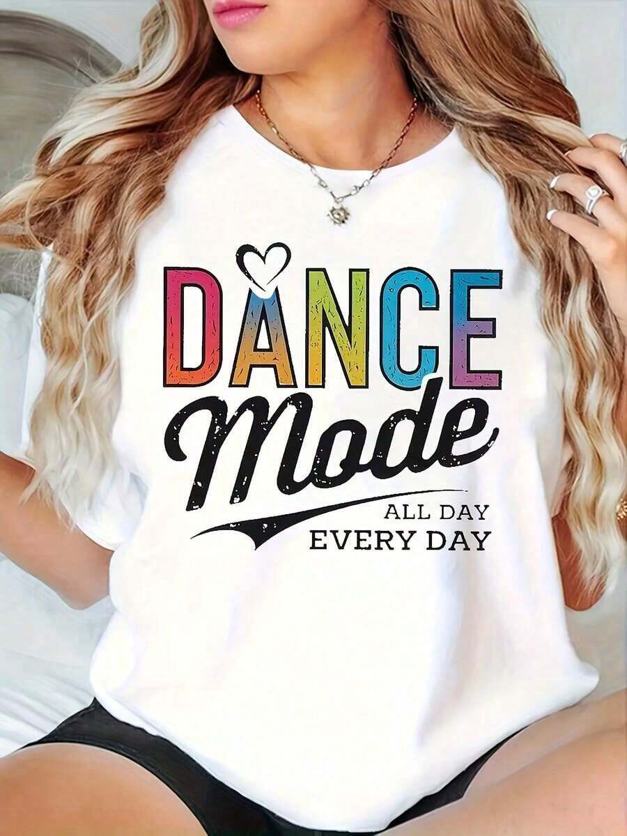 Women's Dance-Themed T-Shirt With DANCE MODE Print And Heart-Shaped Hands Icon - Casual Short-Sleeved Top With Round Neck And Soft, Stretchy Fabric For Dance Classes, Practice, Casual Wear - Suitable For Ballet, Hop, Ballroom Dancing - Unisex Cotton T-Shirt, Urban Vintage Style, Round Neck And Short Sleeves. - 白色 - 查看 1