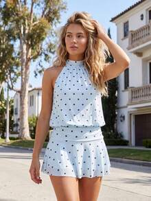 Women's Halter Mini Dress Summer Fashionable Dot Print Sleeveless Backless Tiered Ruffle Dress - Azul - Ver 2