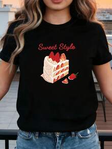 Strawberry Cream Pie Print T-Shirt - Soft Crew Neck Short Sleeve T-Shirt - Pairs Well With Basic Tops, Suitable For Layering, Everyday Casual Wear, Spring, Summer, And Fall Clothing, Machine Washable. B4RN - 黑色 - 查看 6