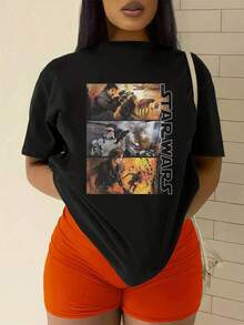 Escenas épicas de batalla galáctica que simbolizan la lucha entre la luz y la oscuridad con soldados futuristas y energía en movimiento camiseta de mujer  cómoda y moderna para uso diario - Negro - Ver 2