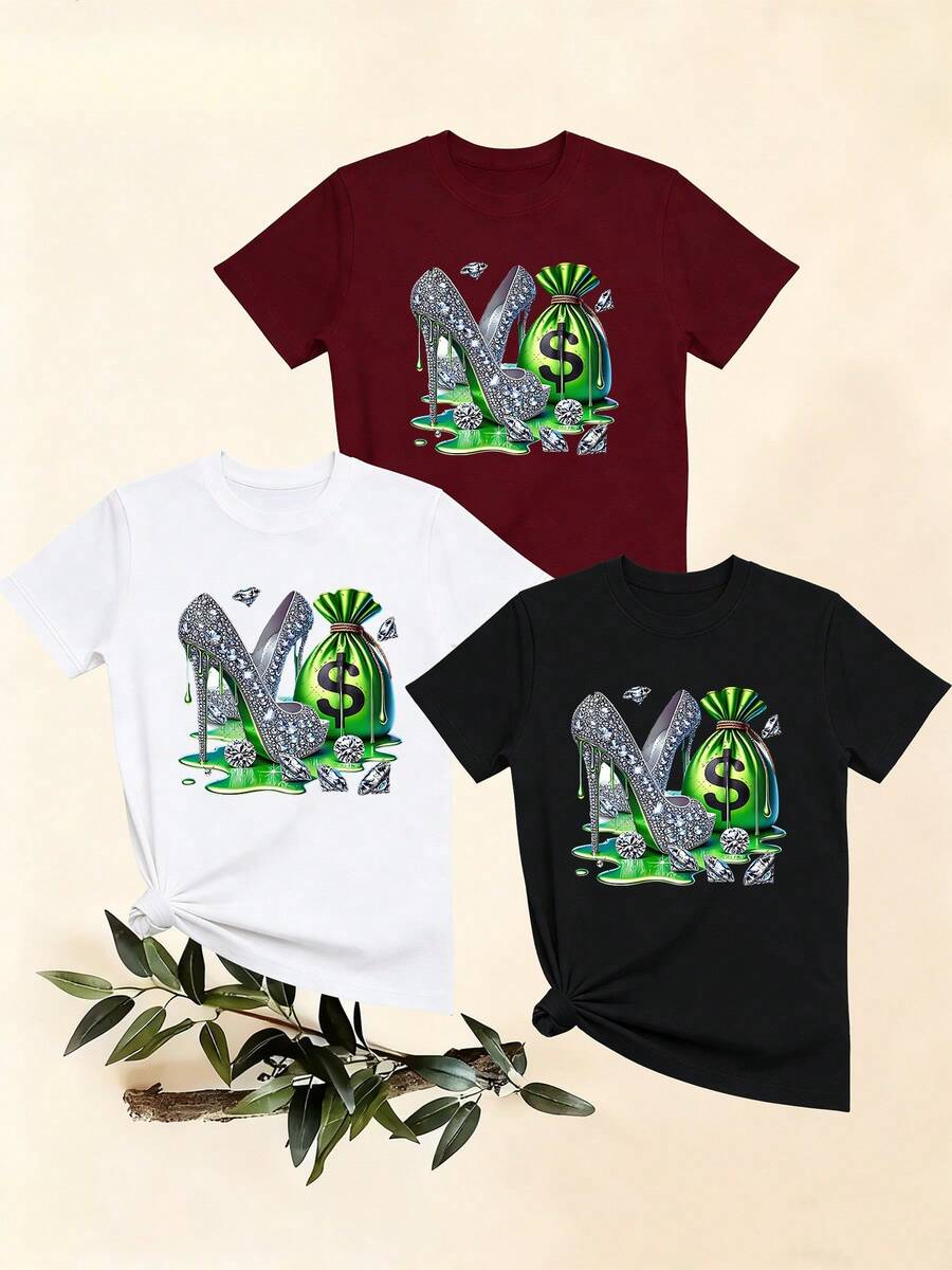 Women's T-Shirts, Women's T-Shirts, Fashionable Casual Short-Sleeved One-Piece T-Shirt With High Heel Shoe Print, Purse And Diamonds, Top, Comfortable And Breathable. - 1件白色隨機圖案 - 查看 1
