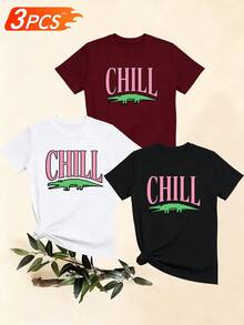 Women's T-Shirts, Women's T-Shirts, Casual One-Piece T-Shirt Set With Fun CHILL Letter Print And Crocodile, Comfortable Short Sleeve Crew Neck Loose Fit Top. - 1件黑色隨機圖案 - 查看 6