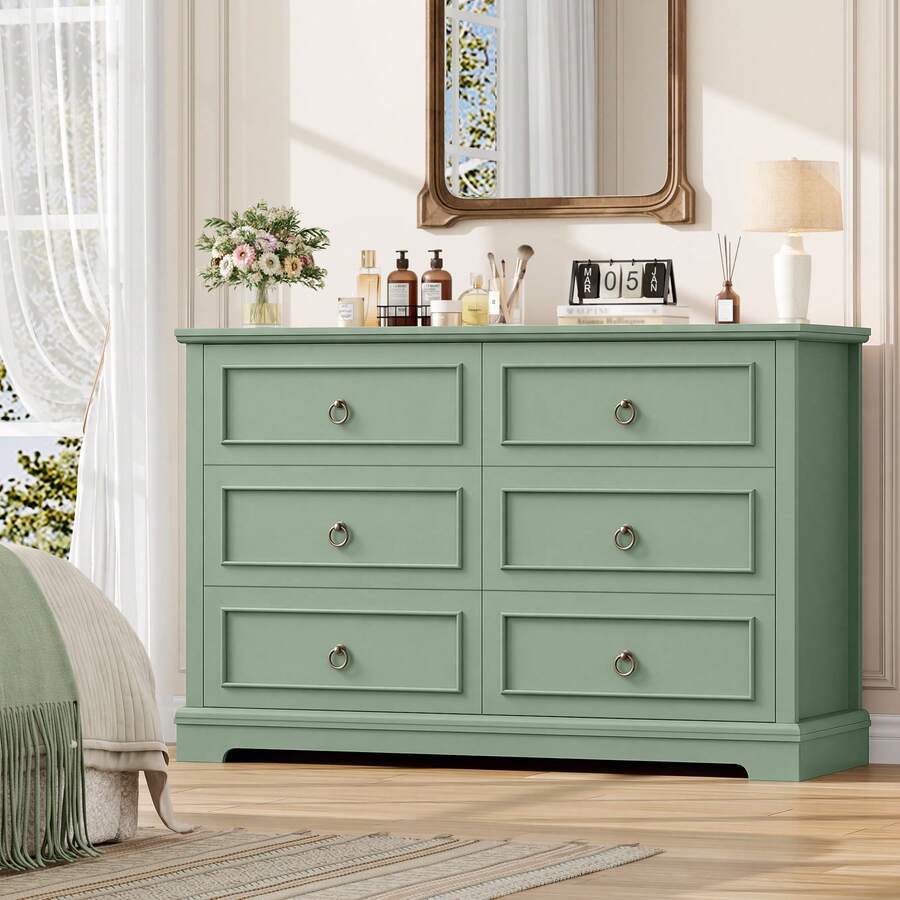 Chest Of Drawers With 6 Drawers, 120 Cm Wide, Chest Of Drawers With Wood Grain, Sideboard, Chest Of Drawers - 綠色 - 查看 1