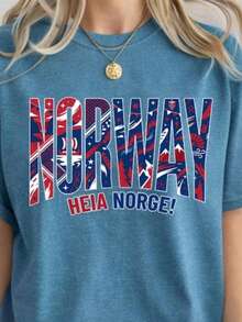 World Cup 2026 Country Teams Shirts, National Football Nations Shirts Norway Women's Fashionable Casual T-Shirt With Creative Print, Short Sleeve, Round Neck, For Spring And Summer T-Shirt Women Festive Celebration Shirt Party Wear Top - 彩色 - 查看 1