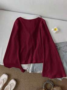 Blusa casual de mujer de manga acampanada con lazo, unicolor, top color burdeos, top rojo vino, top rojo oscuro, ropa estilo cottagecore, blusas rojas para mujer, casual - Rojo - Ver 2