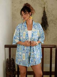 2 piezas Conjunto de talla grande Chaqueta de manga corta con estampado de leopardo, casual y de moda para uso diario - Multicolor 6 - Ver 6