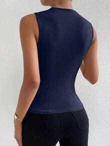Camiseta sin mangas de corte slim con pliegues de unicolor minimalista para uso diario en verano para mujeres - Azul marino - Ver 2