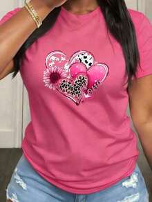 Heart Shaped Mother's Day Gift Women T-Shirt Casual Short Sleeve Round Neck Top With, Medium Stretch Fabric Suitable For Spring Summer Fall Casual Attire, Machine Washable, Playful Design Suitable For Daily Leisure. - 玫紅色 - 查看 7