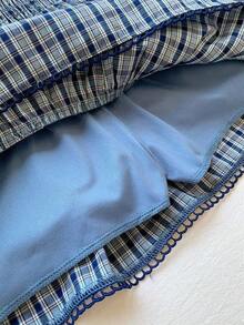 Falda pantalón para mujeres para conciertos campestres, blanca, de tejido, con cintura elástica y volantes en el bajo con silueta evasé - Azul marino 2 - Ver 4