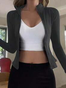 Chaqueta ajustada con cremallera, adecuada para primavera y verano - Gris Oscuro - Ver 7