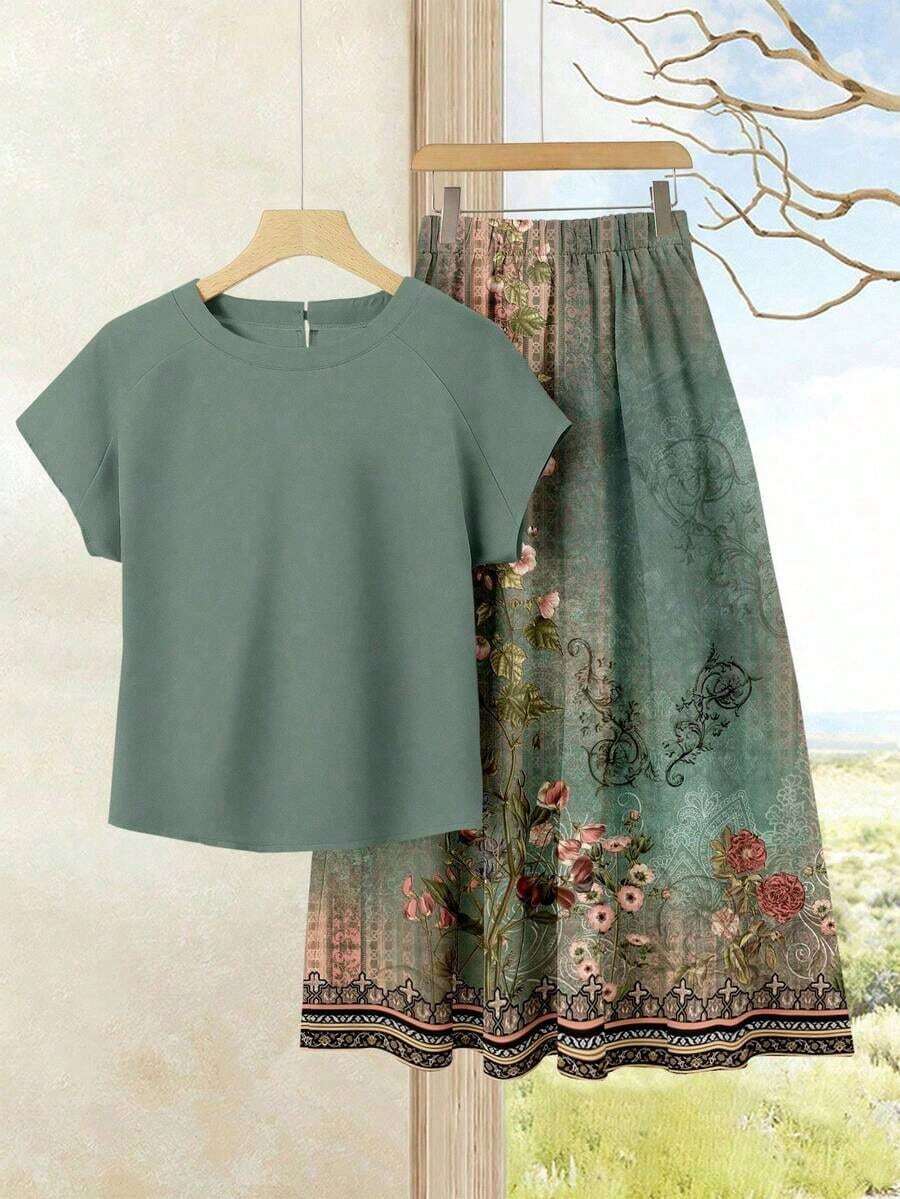 2 piezas Conjunto de top casual de unicolor + falda estampada para vacaciones de mujer, Conjunto de ropa de verano para mujer, Conjunto de falda de verano, Conjunto de falda y top, Conjunto de falda y top para mujer, Conjunto de falda estampada - Multicolor 4 - Ver 1