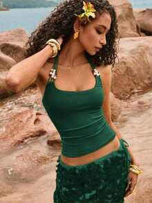 Camisola de Cuello Halter Ajustada con Cuentas de la Marca  para Mujer, Ideal para Vacaciones - Verde Oscuro - Ver 4