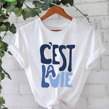 Women's T-Shirt With "C" Letter Print And Gold Text, Short Sleeve - 白色 - 查看 1
