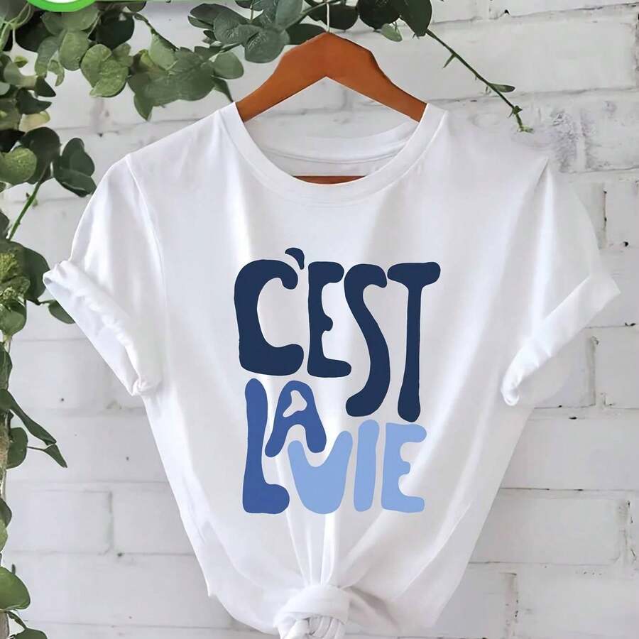 Women's T-Shirt With "C" Letter Print And Gold Text, Short Sleeve - 白色 - 查看 1